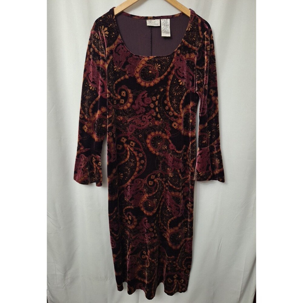 Vtg 70s 80s Velvet Maxi Dress Sz 16/18 XL Bell Sleeve Paisley Floral Boho Hippie